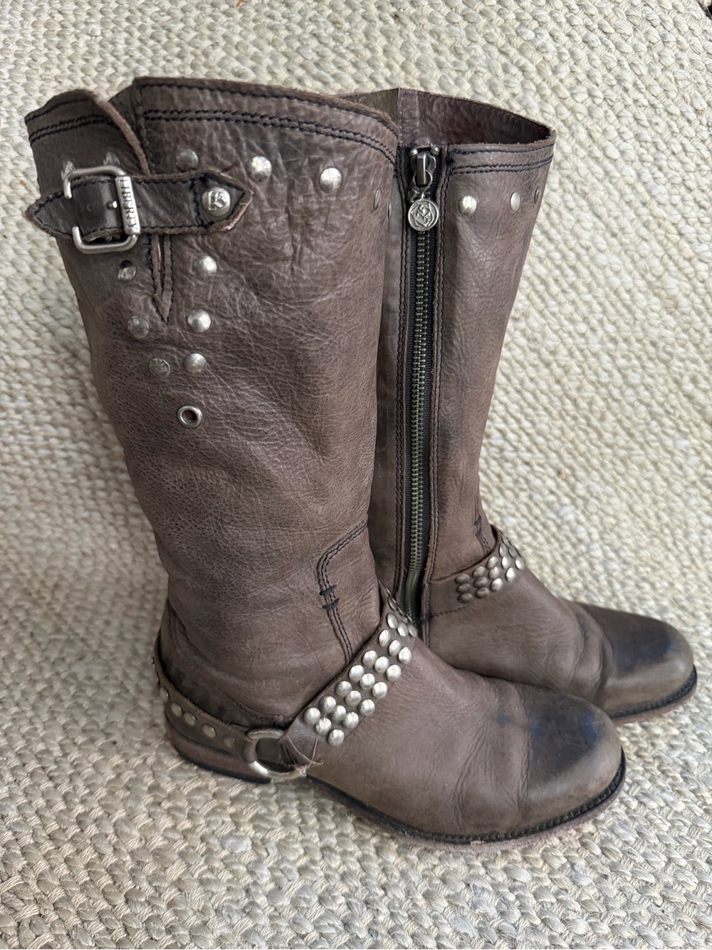 LIBERTY Black Brown Studded Leather Mid-Calf Moto Boots